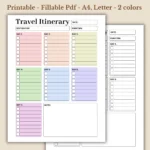 Travel Itinerary Planner Printable for Vacation Trip Organization