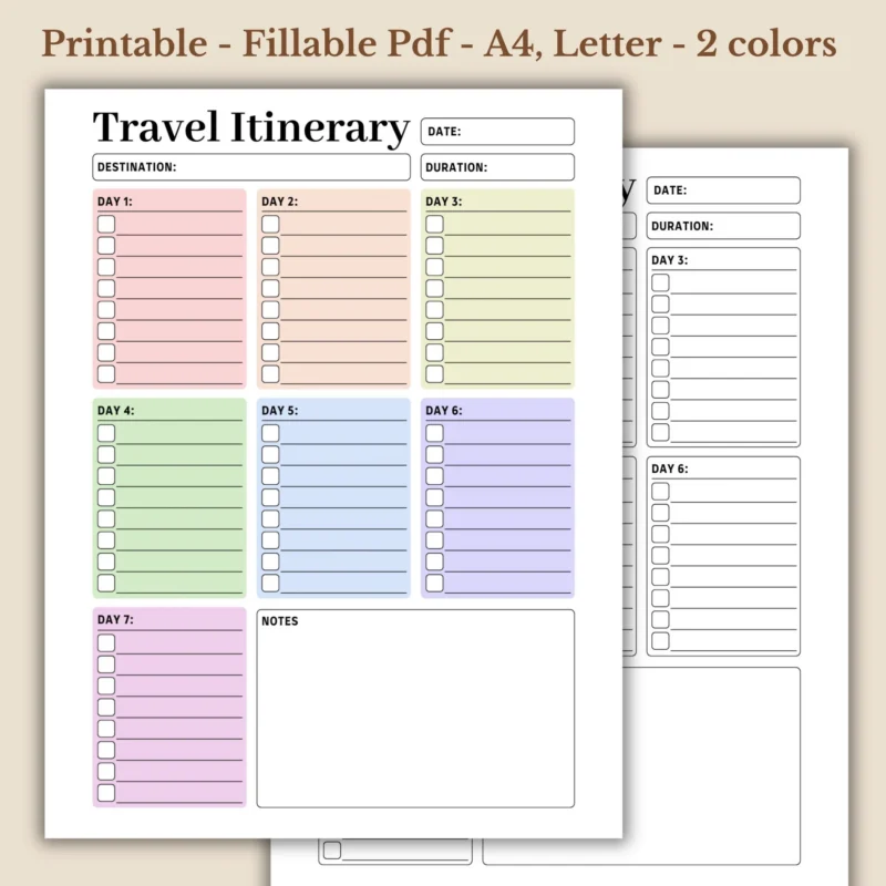 Travel Itinerary Planner Printable for Vacation Trip Organization
