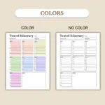 Travel Itinerary Planner available in colorful and ink-friendly black-and-white
