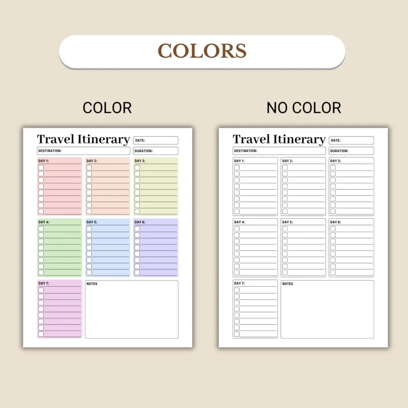 Travel Itinerary Planner available in colorful and ink-friendly black-and-white