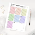 Sample Travel Itinerary worksheet with pre-filled flight numbers, hotel reservation details, and a daily activity schedule.