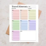 A clean vacation planning dashboard featuring organized sections for transportation logs, contact information, and essential trip reminders.