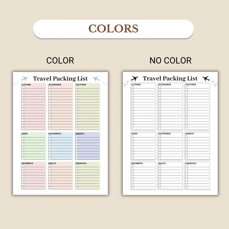Travel Packing Checklist Travel Packing Checklist available in colorful and ink-friendly black-and-white