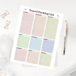 Sample Travel Packing List with pre-filled checkboxes for clothing categories, tech gear, and personal care essentials.