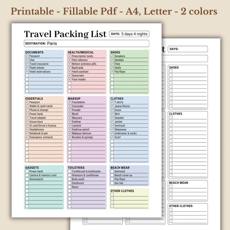 Travel Packing List Printable for Vacation Organization and Luggage Essentials