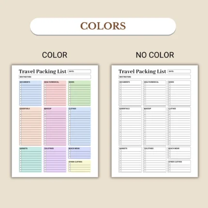 Travel Packing List available in colorful and ink-friendly black-and-white