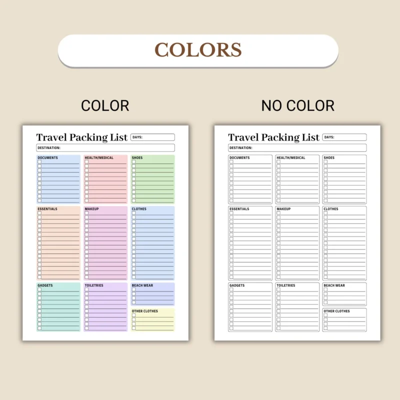 Travel Packing List available in colorful and ink-friendly black-and-white