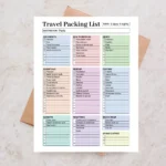 Sample Travel Packing List with pre-filled categories for clothing, health essentials, and important travel documents.