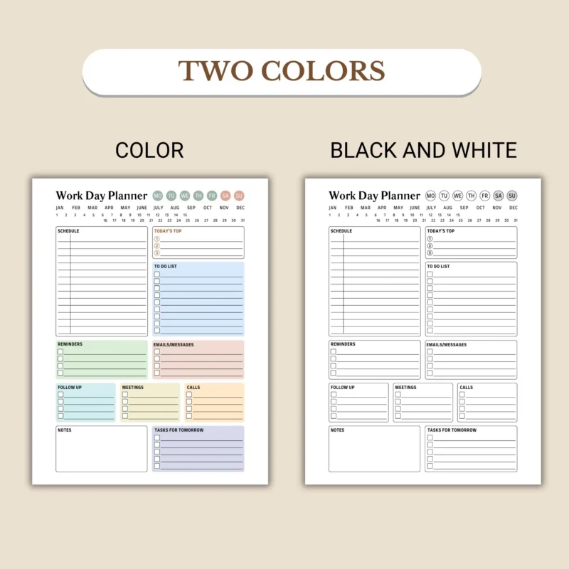 Work Day Planner Printable for Productivity and Time Management