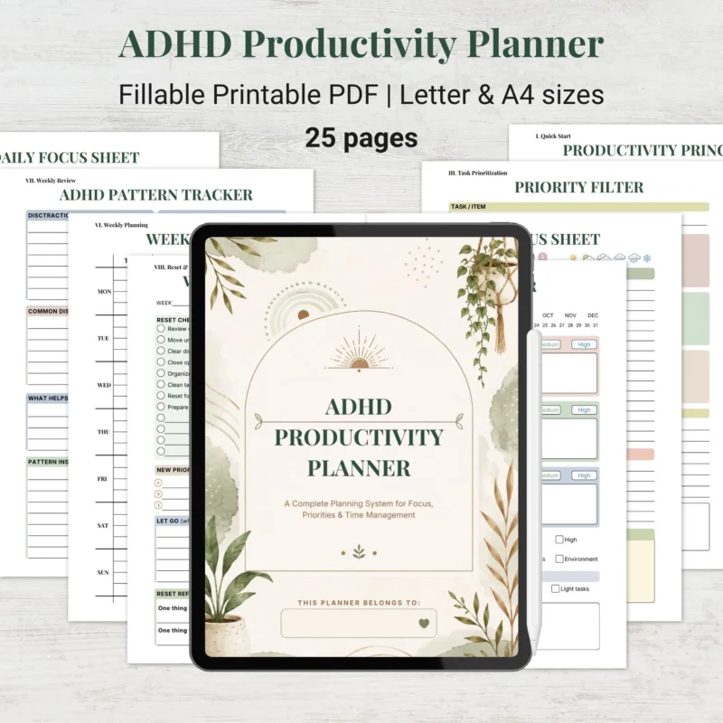 ADHD Productivity Planner Printable PDF Neurodivergent Focus Sheet Priority Filter Workbook