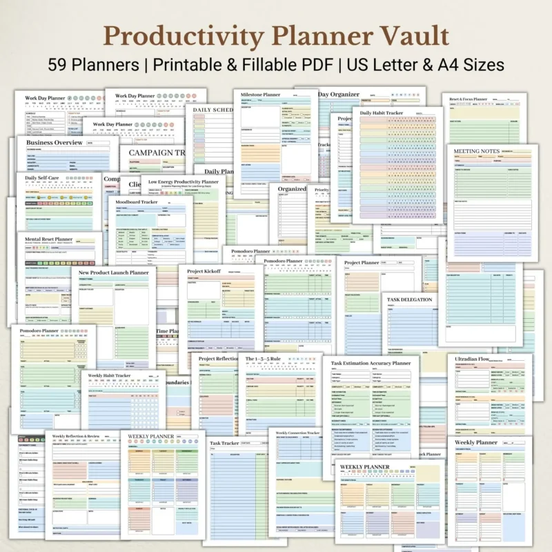 Productivity Planner Vault, Printable & Fillable Planners for Work, Focus, Goals & Organization