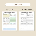 Travel Itinerary Planner available in colorful and ink-friendly black-and-white