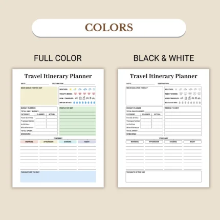 Travel Itinerary Planner available in colorful and ink-friendly black-and-white