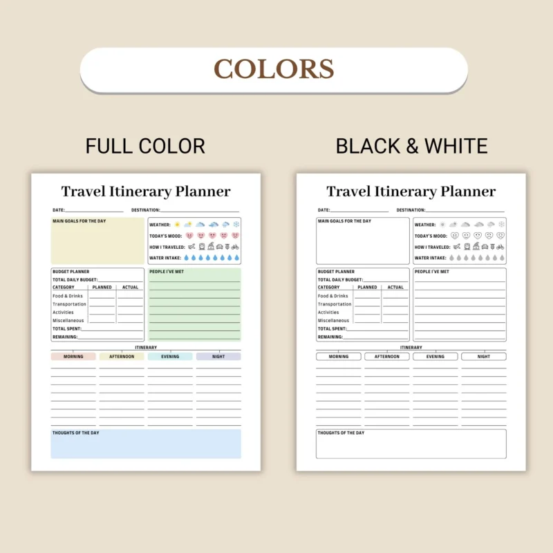 Travel Itinerary Planner available in colorful and ink-friendly black-and-white