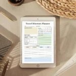 A clean minimalist travel organization dashboard featuring organized grid sections for tracking flights, hotels, and vacation schedules