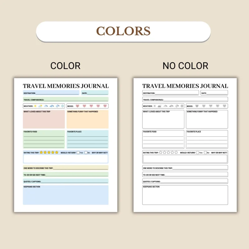 Travel Memories Journal Printable for Vacation Keepsakes and Photos