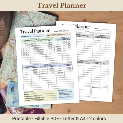 Travel Planner Printable for Vacation Organization and Trip Logistics