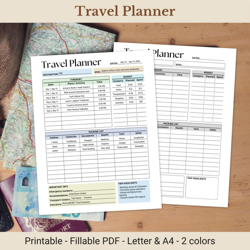 Travel Planner Printable for Vacation Organization and Trip Logistics