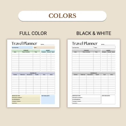 Travel Planner available in colorful and ink-friendly black-and-white