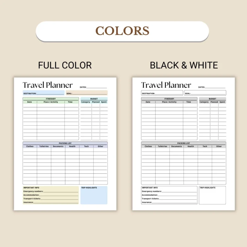 Travel Planner available in colorful and ink-friendly black-and-white