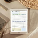 A clean minimalist trip dashboard featuring organized fields for flight logs, hotel reservations, and essential travel checklists.