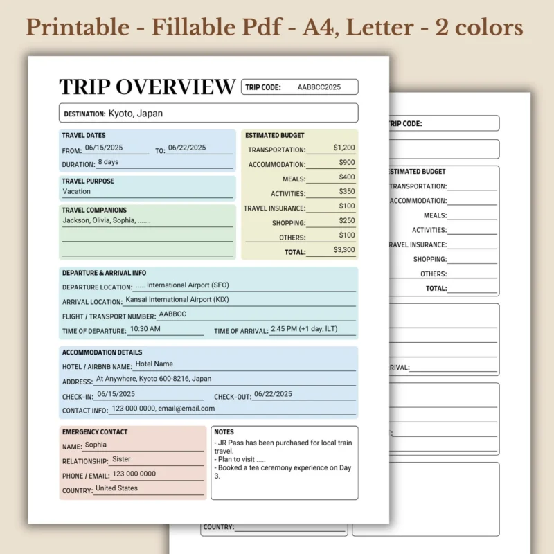 Trip Overview Printable for Vacation Planning and Logistics