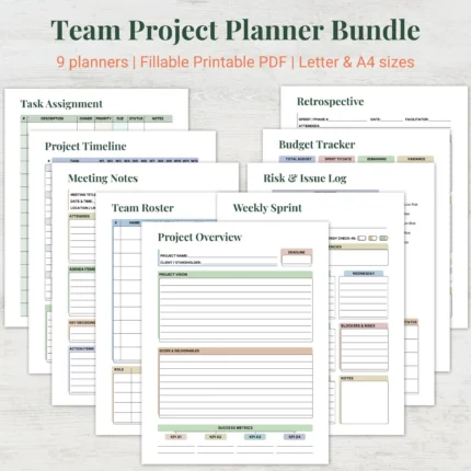 Team Project Planner Bundle Printable Fillable PDF Project Management Templates Letter A4 Digital Download