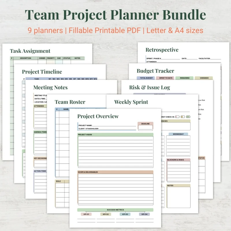 Team Project Planner Bundle Printable Fillable PDF Project Management Templates Letter A4 Digital Download