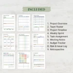 1. Project Overview 2. Team Roster 3. Project Timeline 4. Weekly Sprint 5. Task Assignment 6. Meeting Notes 7. Budget Tracker 8. Risk & Issue Log 9. Retrospective