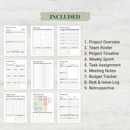 1. Project Overview 2. Team Roster 3. Project Timeline 4. Weekly Sprint 5. Task Assignment 6. Meeting Notes 7. Budget Tracker 8. Risk & Issue Log 9. Retrospective