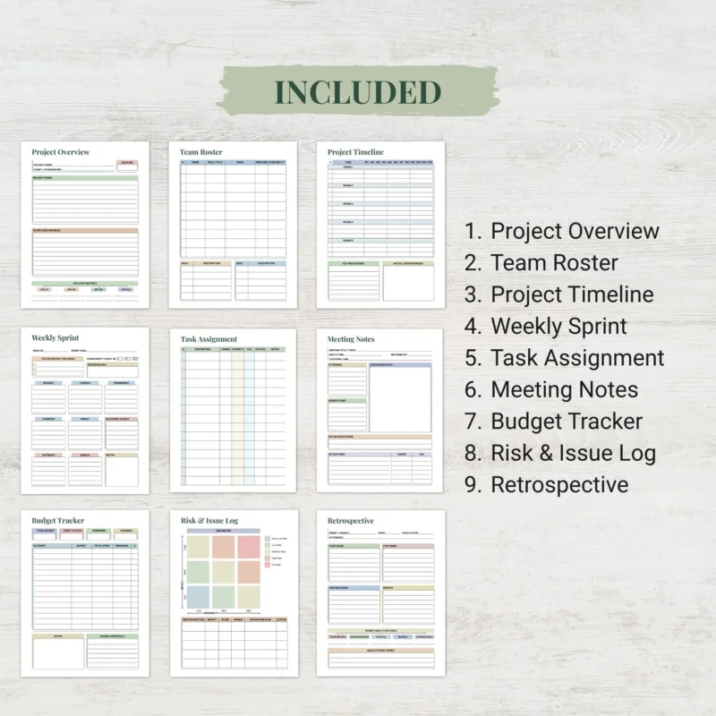 1. Project Overview 2. Team Roster 3. Project Timeline 4. Weekly Sprint 5. Task Assignment 6. Meeting Notes 7. Budget Tracker 8. Risk & Issue Log 9. Retrospective