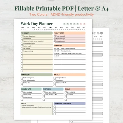Work Day Planner Fillable Printable for Daily Productivity and Time Management