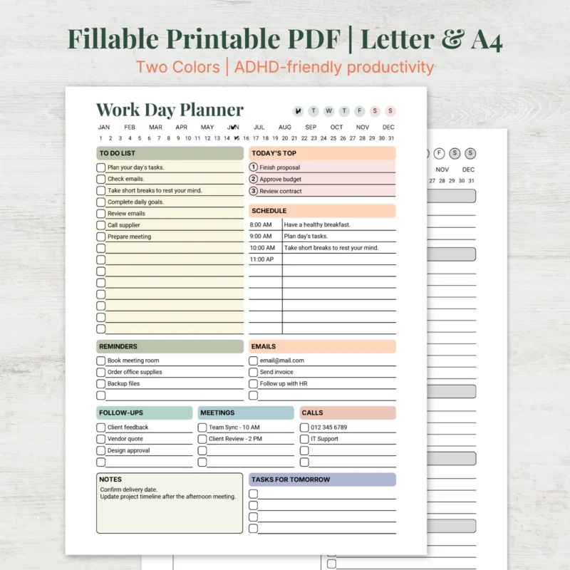 Work Day Planner Fillable Printable for Daily Productivity and Time Management