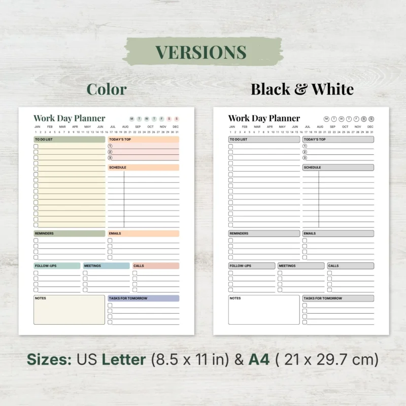 Work Day Planner available in colorful and ink-friendly black-and-white